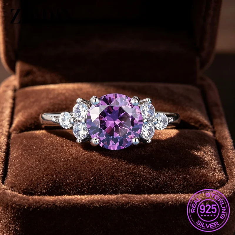 ZDADAN 925 Sterling Silver Round Amethyst Open Adjustable Rings For Women Fashion Jewelry