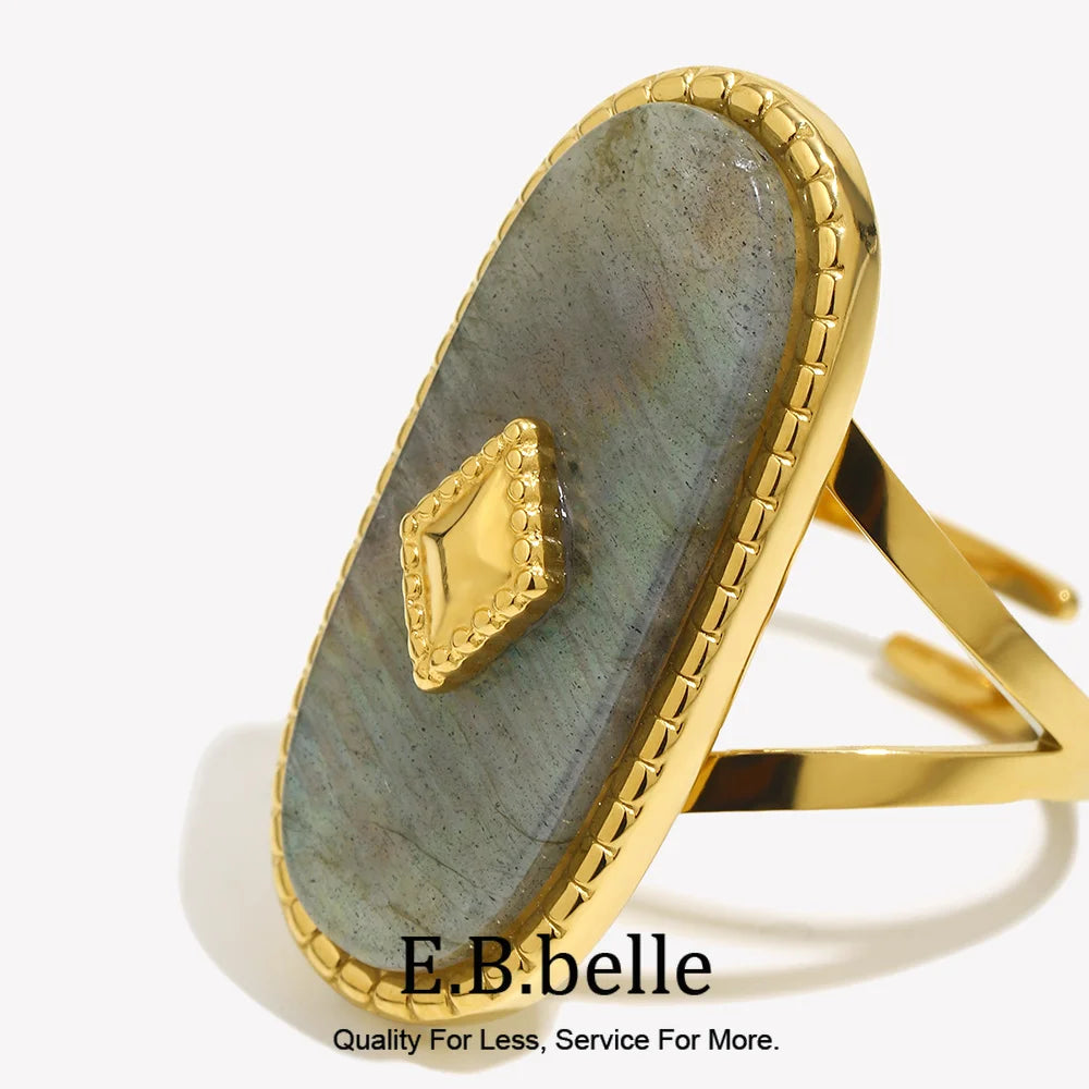 E.B.belle 18K Gold Plated Stainless Steel Waterproof Luxury Oval White Jade Opening Ring For Women Party Wedding Finger Jewelry
