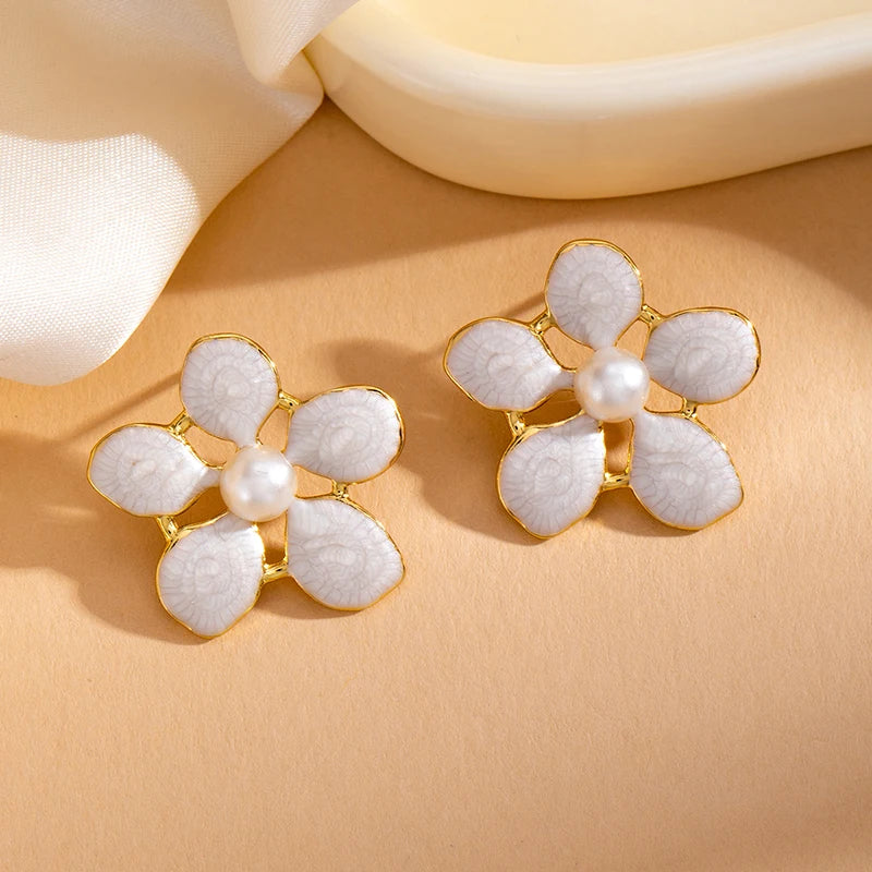 ANENJERY 316L Stainless Steel Flowers Imitating Pearls Stud Earrings For Women Luxury Niche Temperament Simple Jewelry Gift