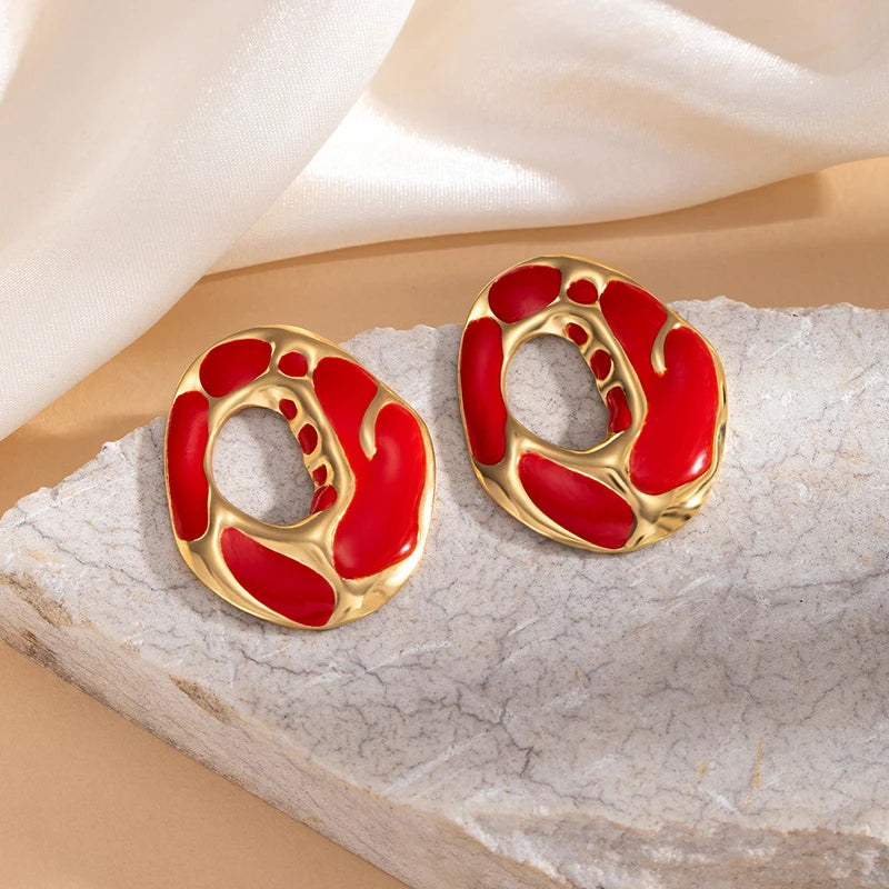 ANENJERY 316L Stainless Steel Hollow Irregular Round Stud Earrings For Women Temperament Luxury Niche Simple Jewelry Gift