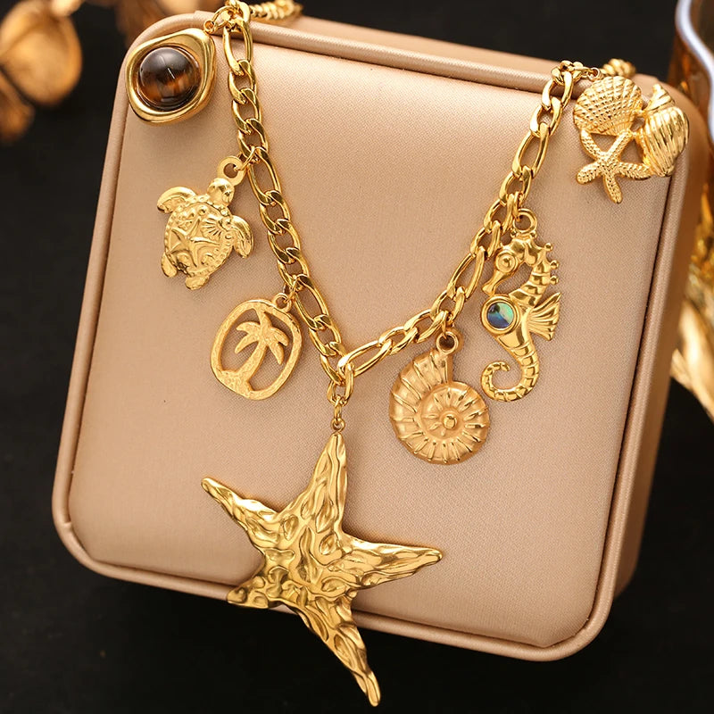 EILIECK 316L Stainless Steel Multiple Charms Pendant Necklace For Women Trendy 18K Gold PVD Plated Waterproof Neck Chain Jewelry