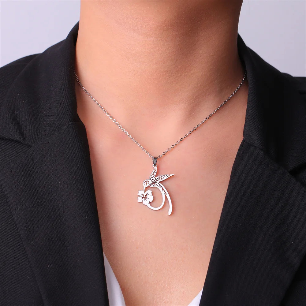 My Shape Hummingbird Flower Pendant Necklaces for Women  Bird Floral Stainless Steel Chain Choker Fashion Jewelry Gifts