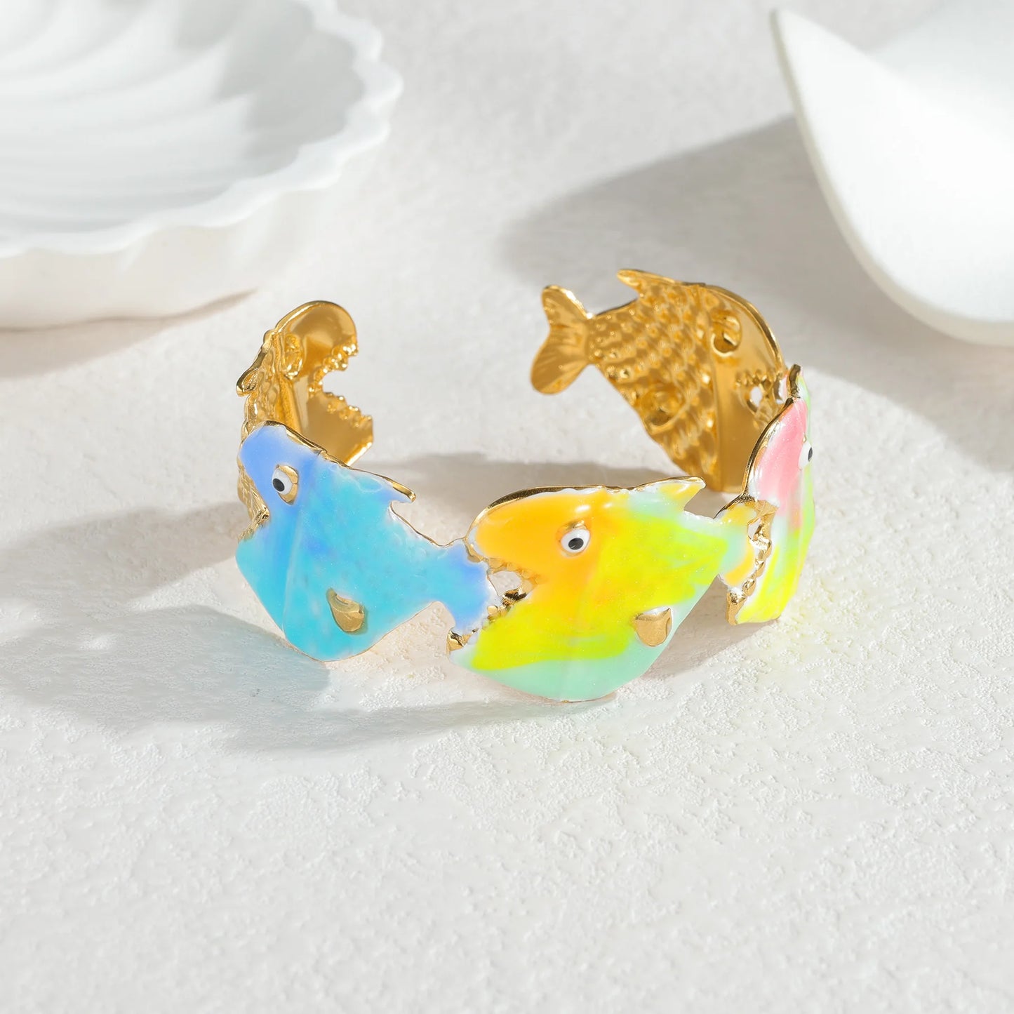 Freeteeme Stylish Colorful Oil Dripping Shell Starfish Bangle for Women Stainless Steel Ocean Series Open Bracelets Beach Gifts