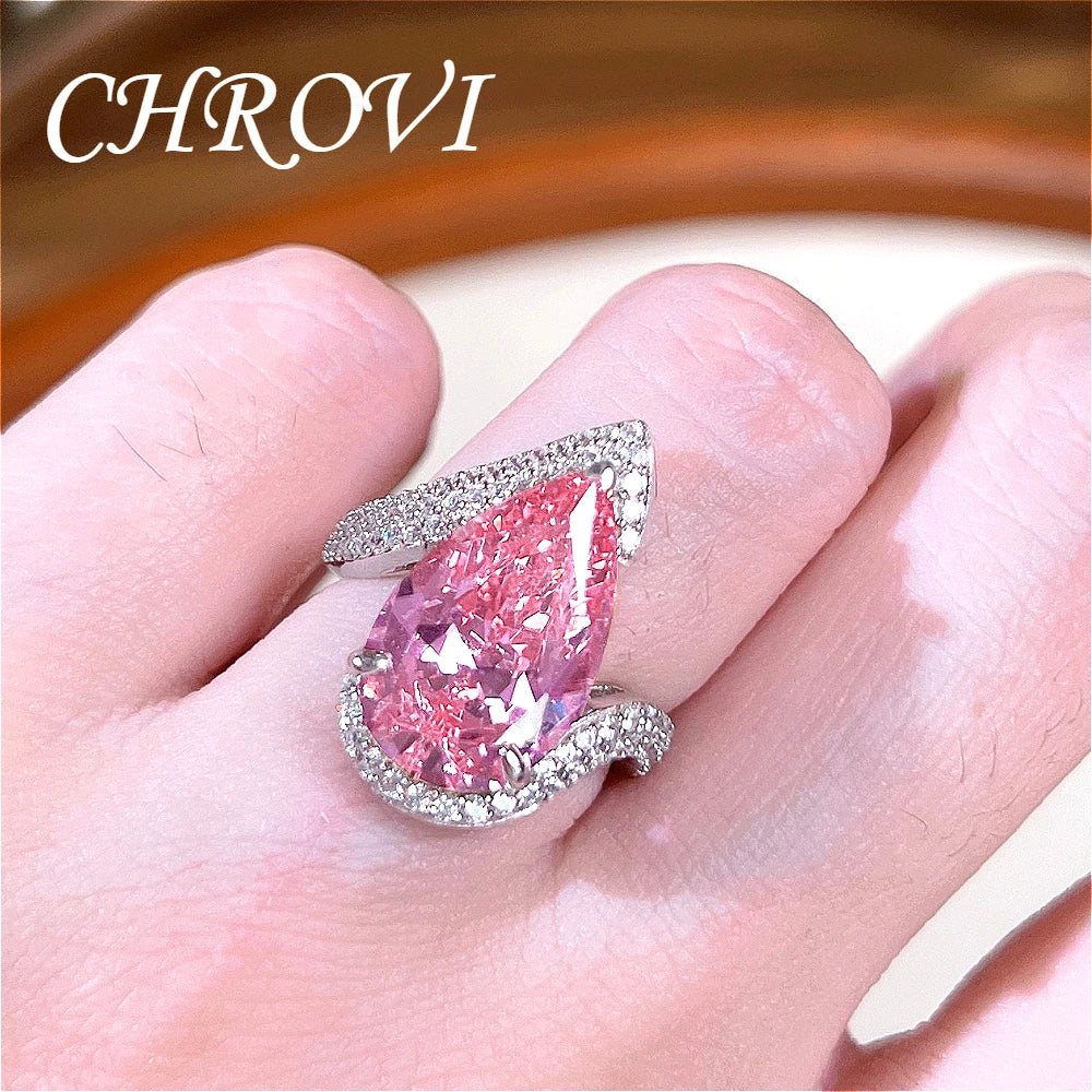 Luxury-Style 925Sterling Silver Drop-shaped Pink Zirconia Fashion Ring Full Diamond-Engraved Elegant Open Design Women's Jewelry