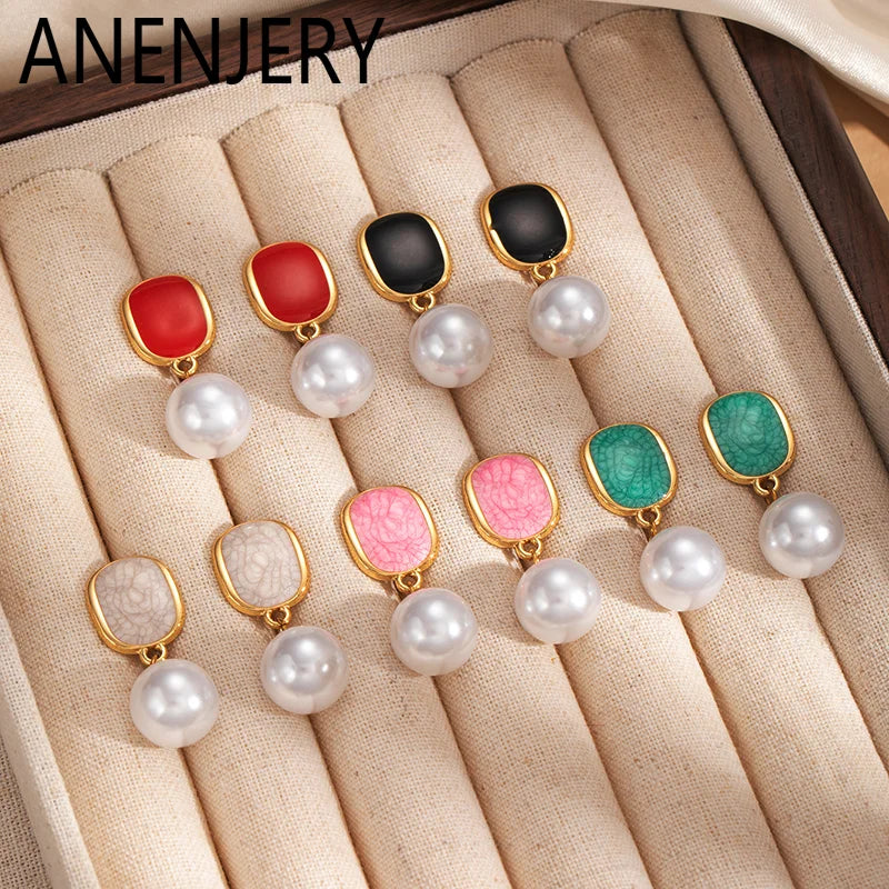ANENJERY 316L Stainless Steel Geometric Elliptical Drop Glazed Enamel Pearl Earring For Women Fashion Luxury Niche Jewelry Gift