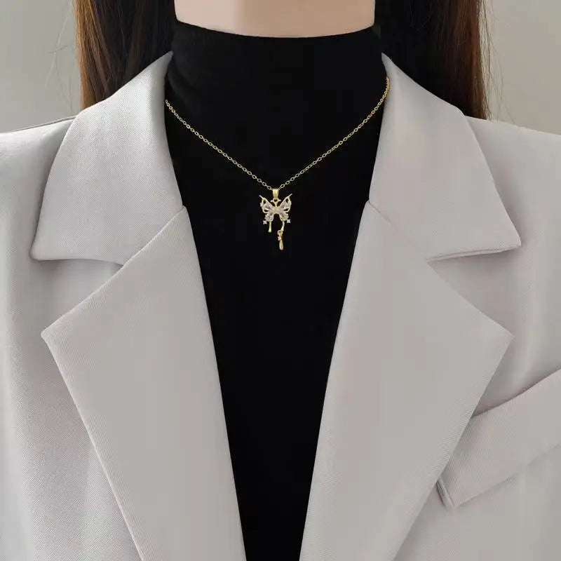 EILIECK 316L Stainless Steel Shine Cubic Zircon Butterfly Pendant Necklace Gold Color Texture Metal Personalized Chain Jewelry