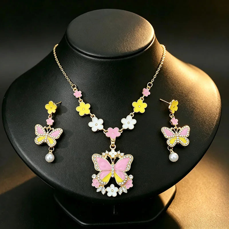 Pink Yellow Butterfly Flower Jewelry Set Sweet Enamel Necklace Drop Earrings Women's Fashion Party Banquet Accessories K