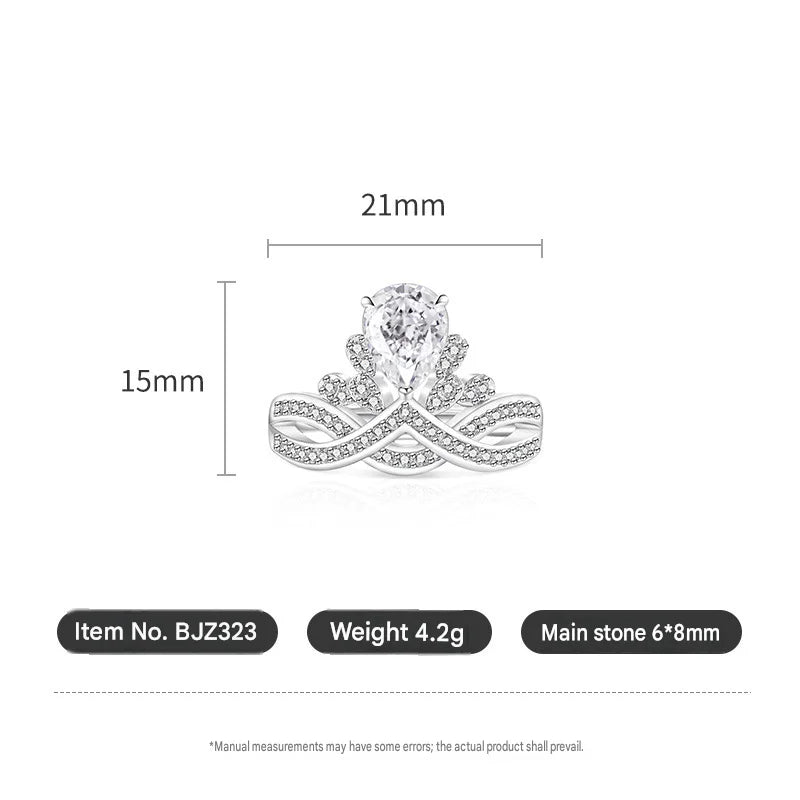 925 Sterling Silver Crown Teardrop Ice Flower Cut Cubic Zirconia Ring Twisted Split Shank Wedding Jewelry Gift for Women