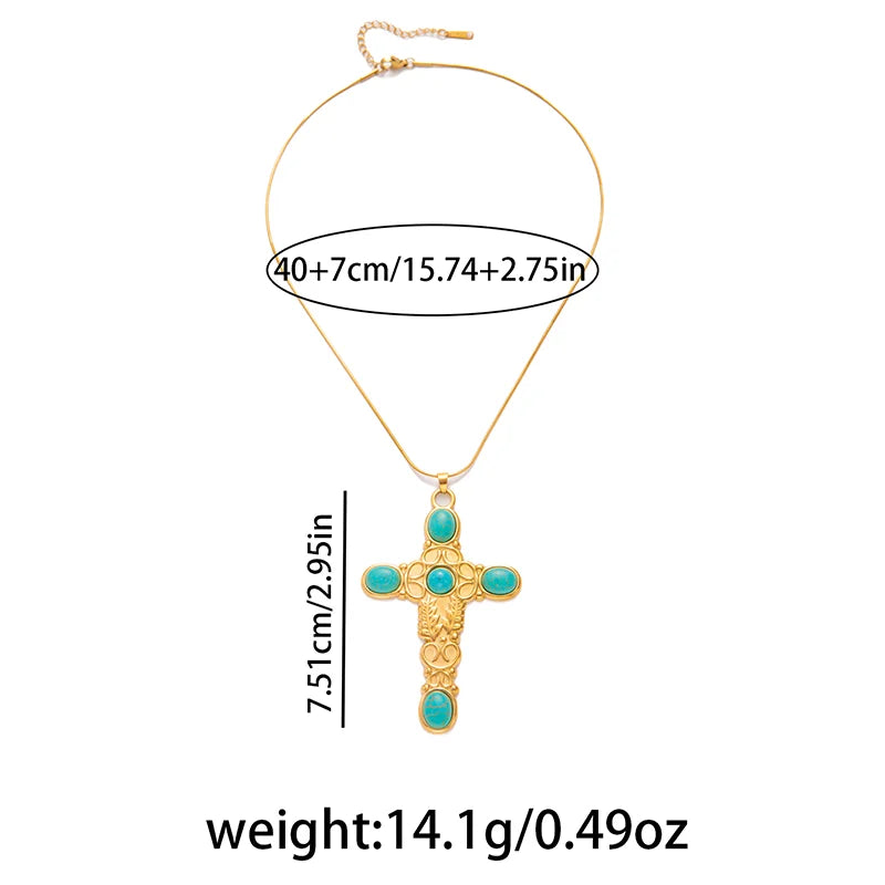 ANENJERY 316L Stainless Steel Turquoise Cross Butterfly Geometry Pendant Necklace For Women Niche Boho Exaggerated Jewelry Gifts