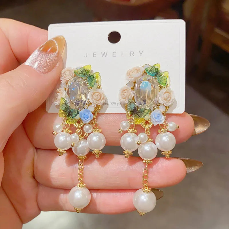Handmade Petal Long Tassel Drop Earrings for Women Elegant Luxury Retro Flower Ear Studs Niche Design Wedding Party Jewelry Gift