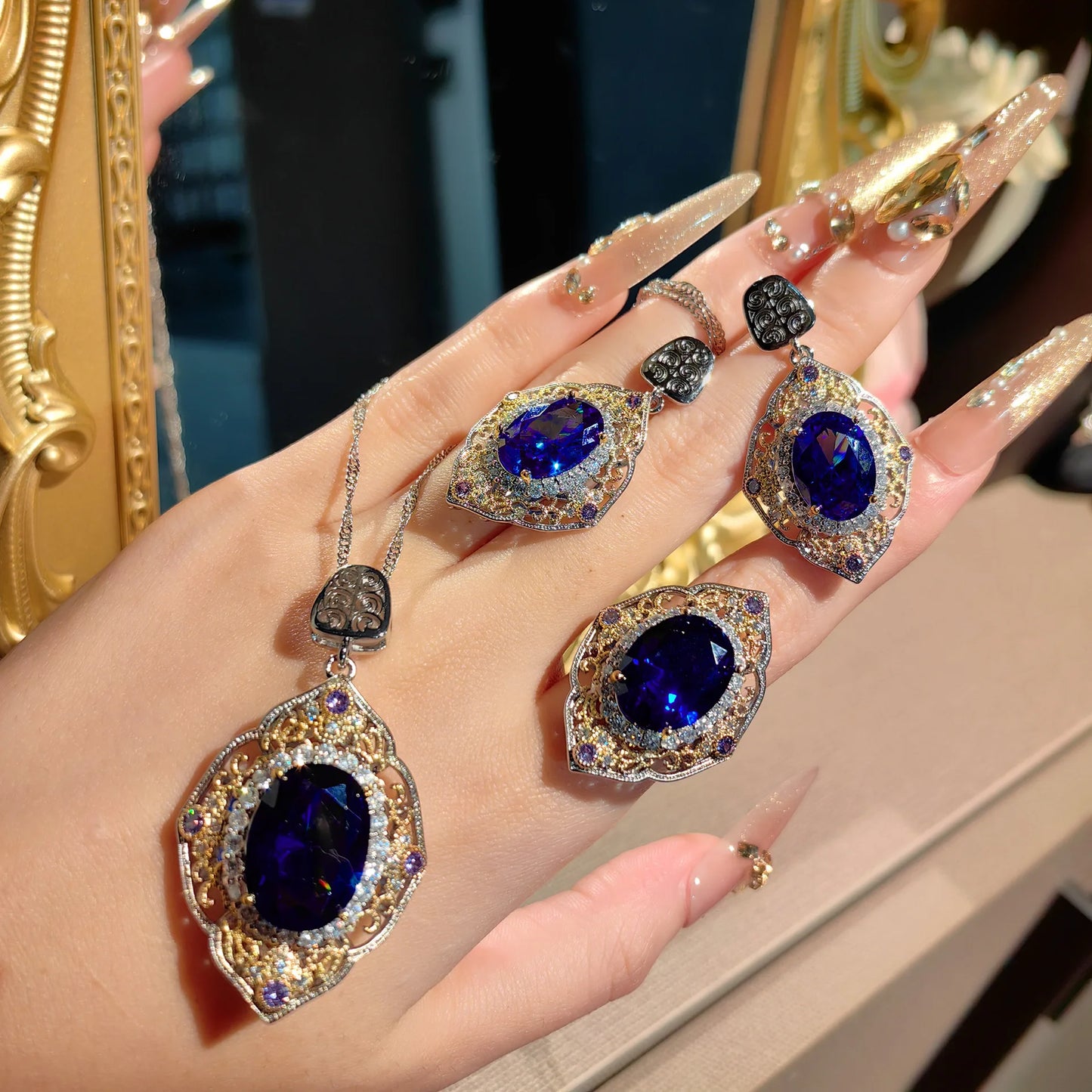Delicate Vintage High Quality Oval Zirconia Jewelry Sets for Women Luxury Hollow Out Pendant Necklaces Rings Earrings Jewelry