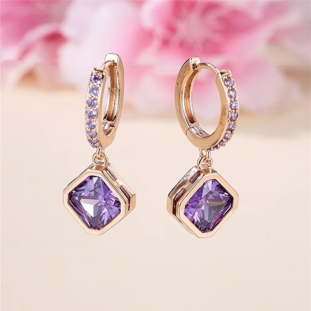 Dainty Female Purple Square Round Zircon Stone Hoop Earrings Cute Gold Color Girlfriend Gifts Wedding Jewelry For Women
