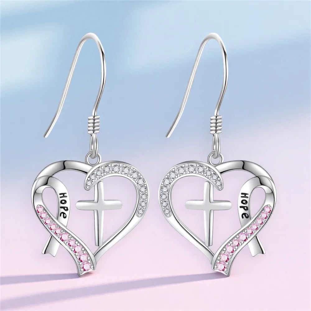 Charm Female Crystal White Pink Stone Cross Heart Earrings Cute Trendy Bridal Silver Color Wedding Jewelry For Women