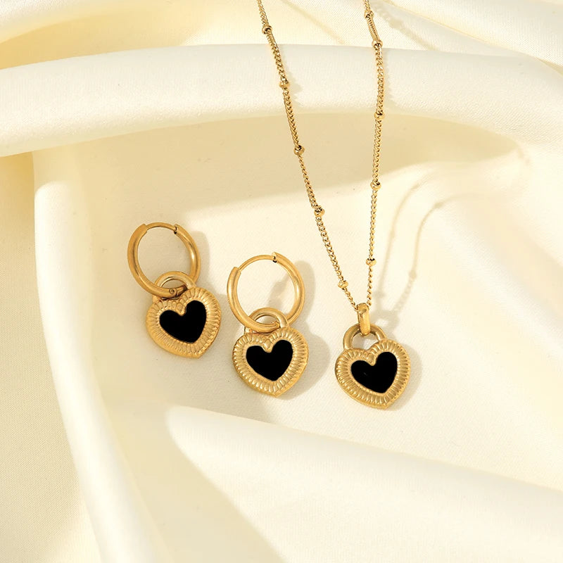 EILIECK 316L Stainless Steel Black White Double Heart Necklace Earrings Fashion Exquisite Waterproof Jewelry Set For Women Gift