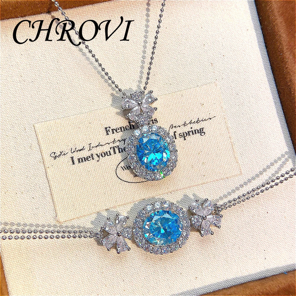 Aromatherapy 925 sterling silver romantic Paraiba diamond pendant necklace with full-cut oval zircon bracelet set