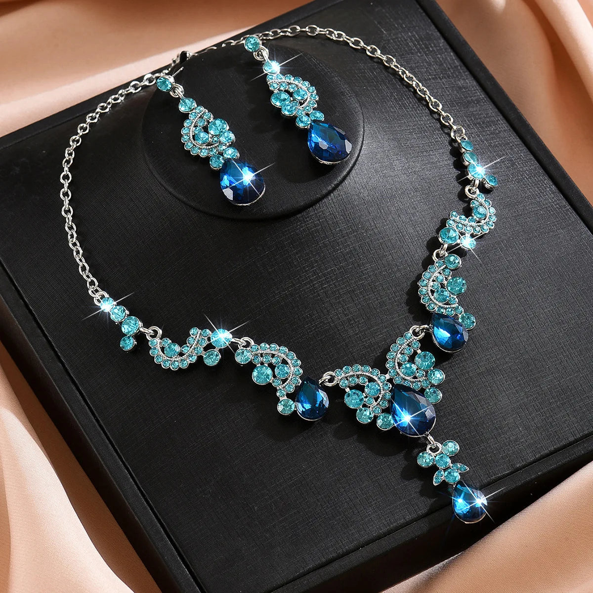 Women's Blue Geen Black Water Drop Earrings Necklace Set, Elegant Jewelry Gift for Women, Perfect for Parties & Daily Wear