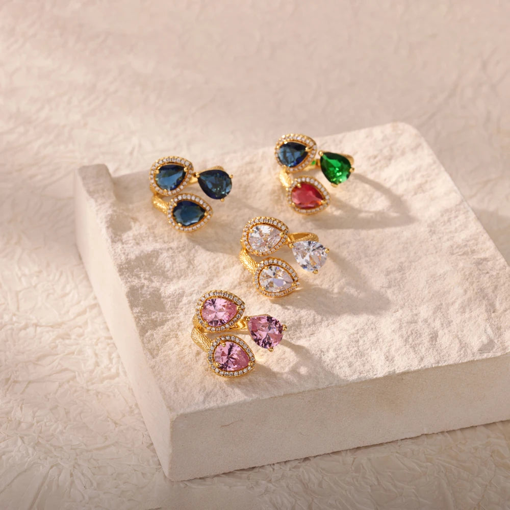 Stainless Steel Rings Gold Plated Colorful Stone Zircon Crystal Luxury Flower Ring For Women Wedding Jewelry Christmas Gift New
