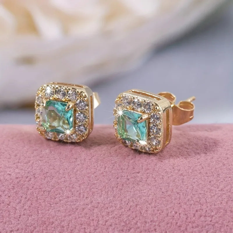 Eternity Green CZ Stud Earrings for Women Gold Color Luxury Bride Wedding Earrings Elegant Ear Accessories Party Jewelry