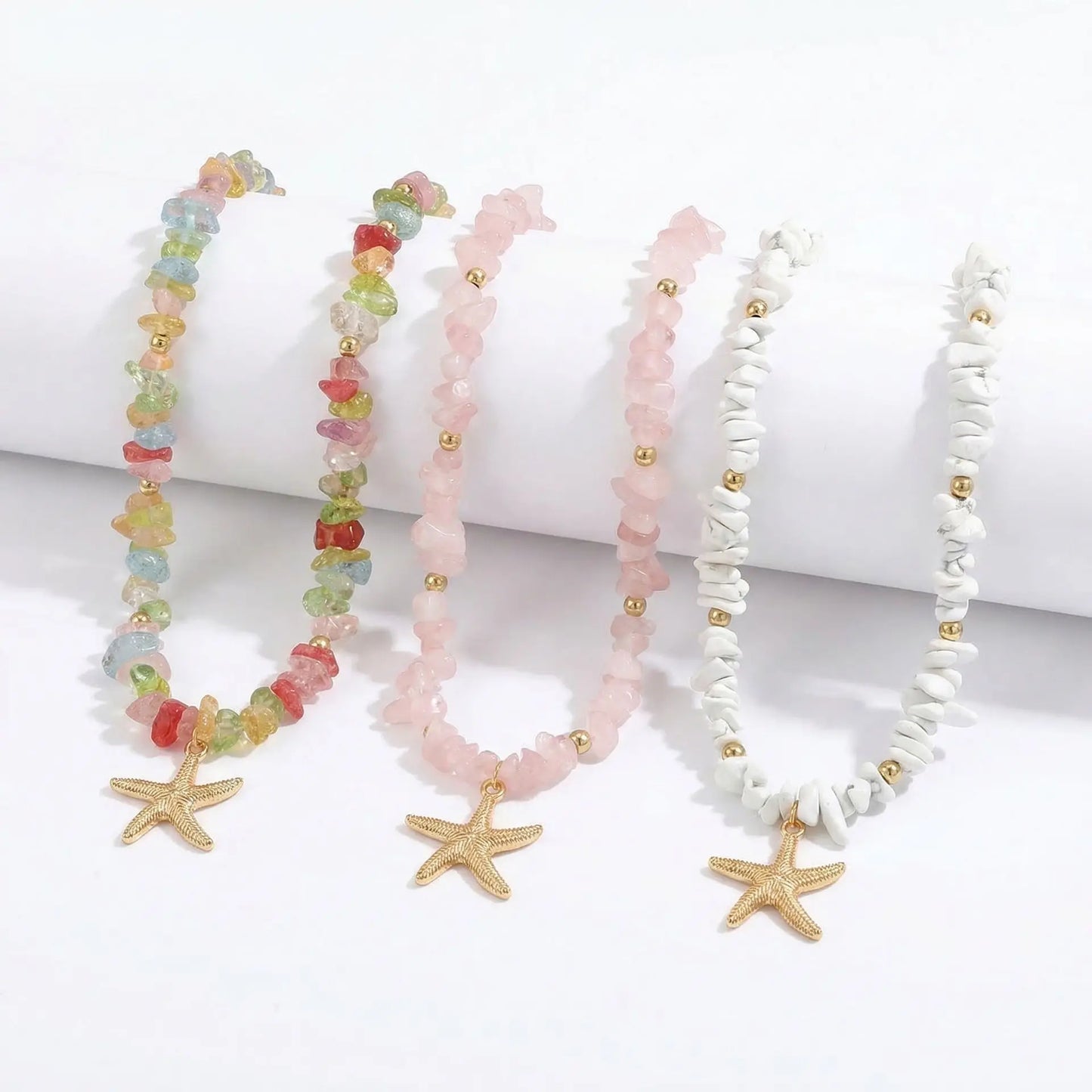 Boho Beach Vacation Starfish Necklace Set for Women Natural Chip Stone Beads Pink White Colorful Summer Y2K Trendy Fashion Jewel