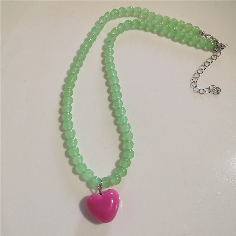 2026 Trendy Aesthetic Resin Candy Color Heart Pendant Glass Beaded Choker Charm Necklace For Women Girl Y2K Jewelry Accessories