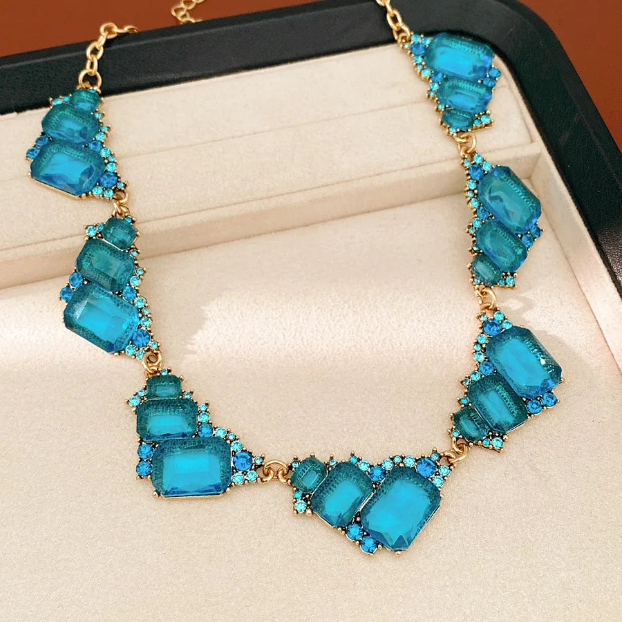 1 Pcs Purple Square Rhinestones Chokers Necklaces Retro Shiny Geometric Drop Earring Luxury Jewelry Set Gifts Wedding Party N