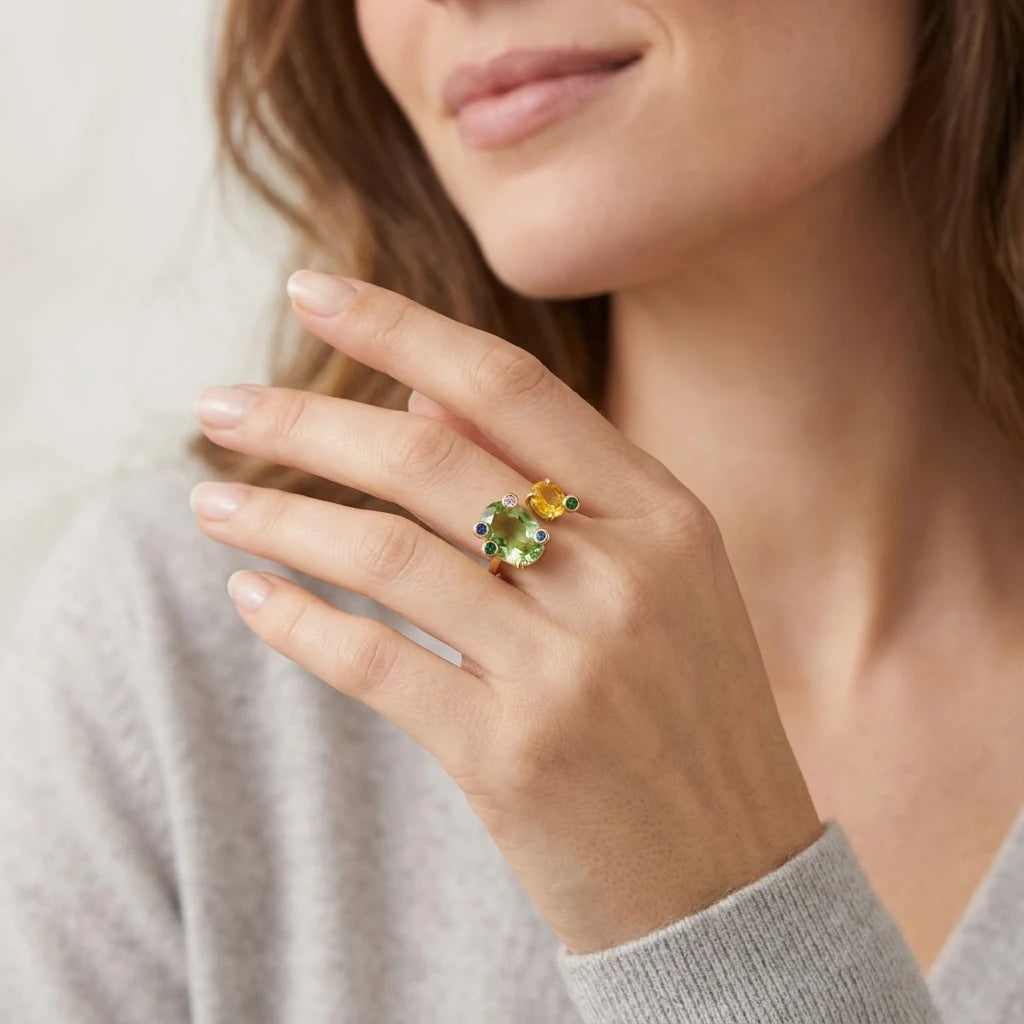 Gold Open Adjustable Ring Women Oval Multicolor Sparkling CZ Finger Ring Versatile Jewelry For Daily Party Dating Vacation Gift