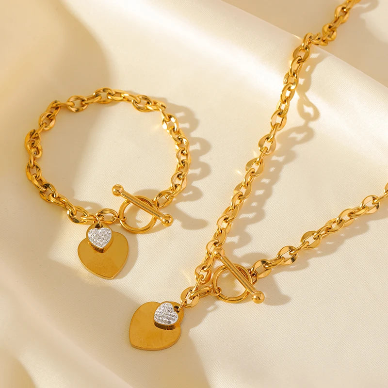 EILIECK New Fashion Stainless Steel Metal Double Heart Necklace Bracelet For Women Fashion Waterproof 3-Color Jewelry Set Gift