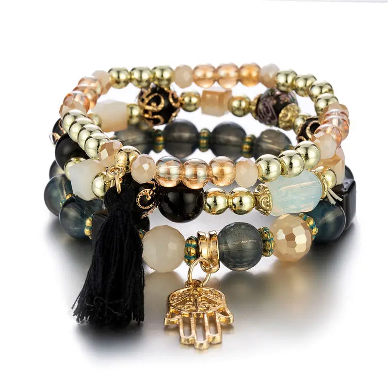 3Pcs/set Boho Fatima Hand Charm Bracelets Set For Women Tassel Colorful Beads Chain Bangle Girls Bohemian Jewelry Accessories