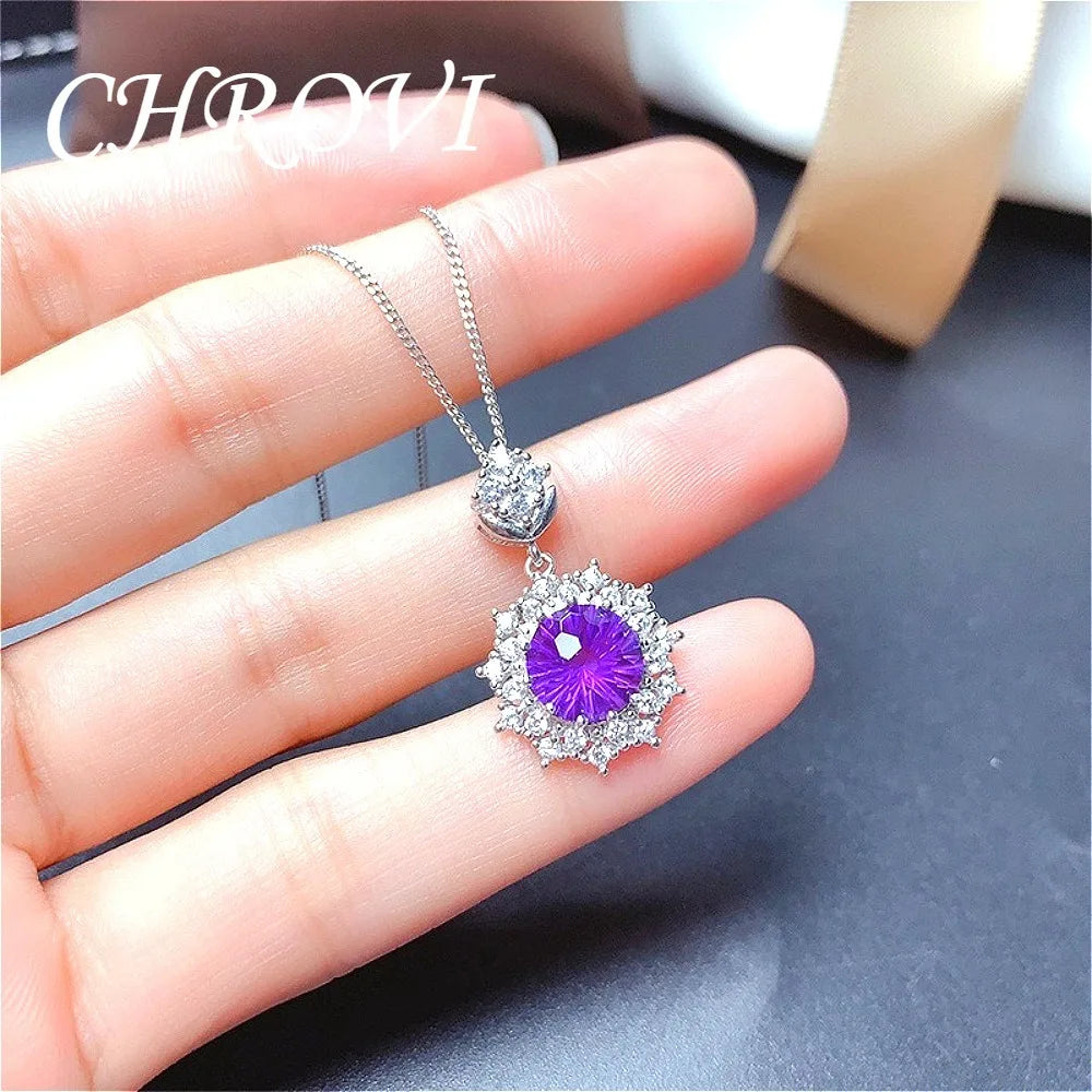 New 925 pure silver purple crystal ring pendant earring set - Sparkling cut purple crystal necklace