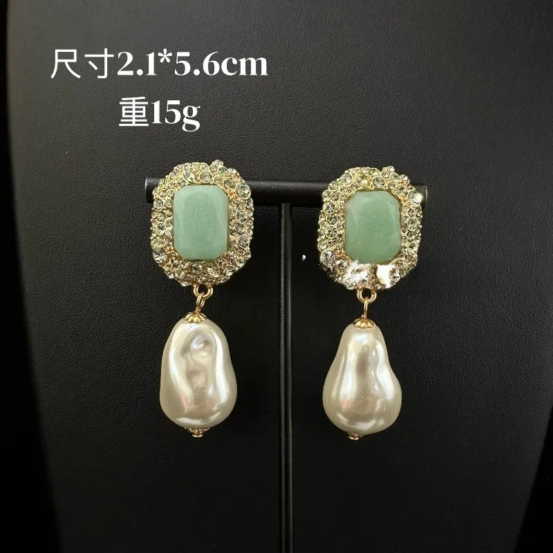 Pearls Women Earrings Green Geometric Vintage Palace Style Jewelry Light Luxury Elegant Dinner Party Pendientes Mujer