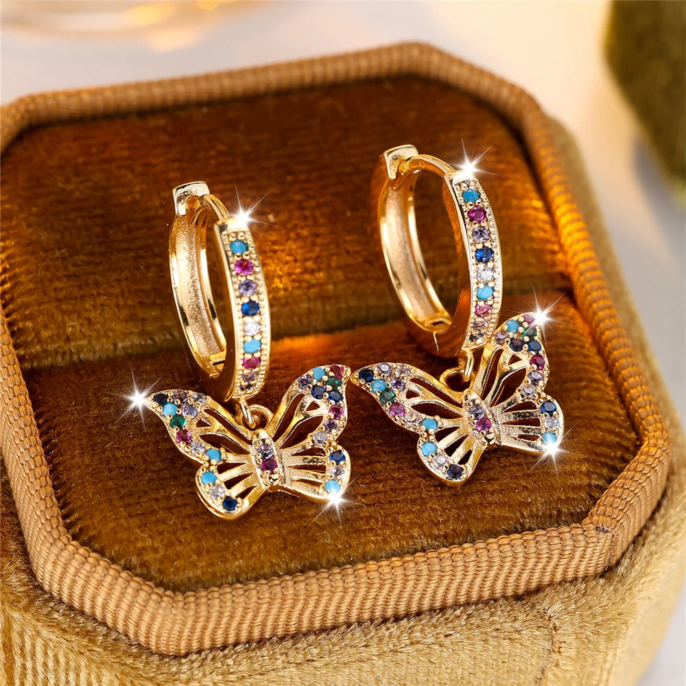 Cute Female Colorful Butterfly Round Zircon Stone Hoop Earrings Gold Color Unique Girlfriend Gifts Wedding Jewelry For Women