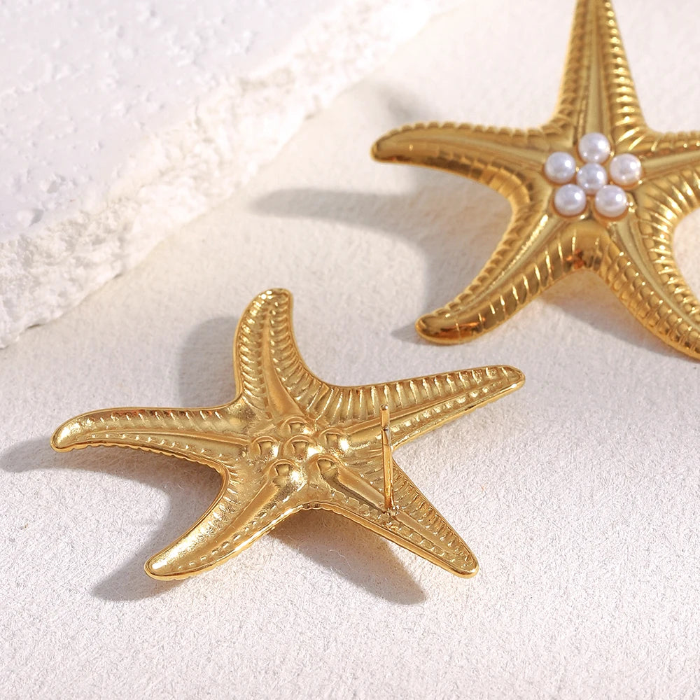 E.B.belle Exaggertaed Summer Beach Imitation Pearl Starfish Stud Earrings 18k Gold Plated Stainless Steel Holiday Women Jewelry