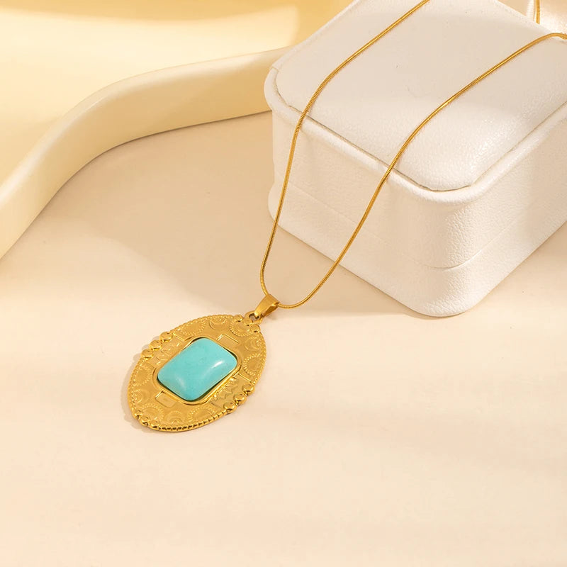 ANENJERY 316L Stainless Steel Turquoise Irregular Geometry Pendant Necklace For Women Boho Retro Personality Jewelry Gifts