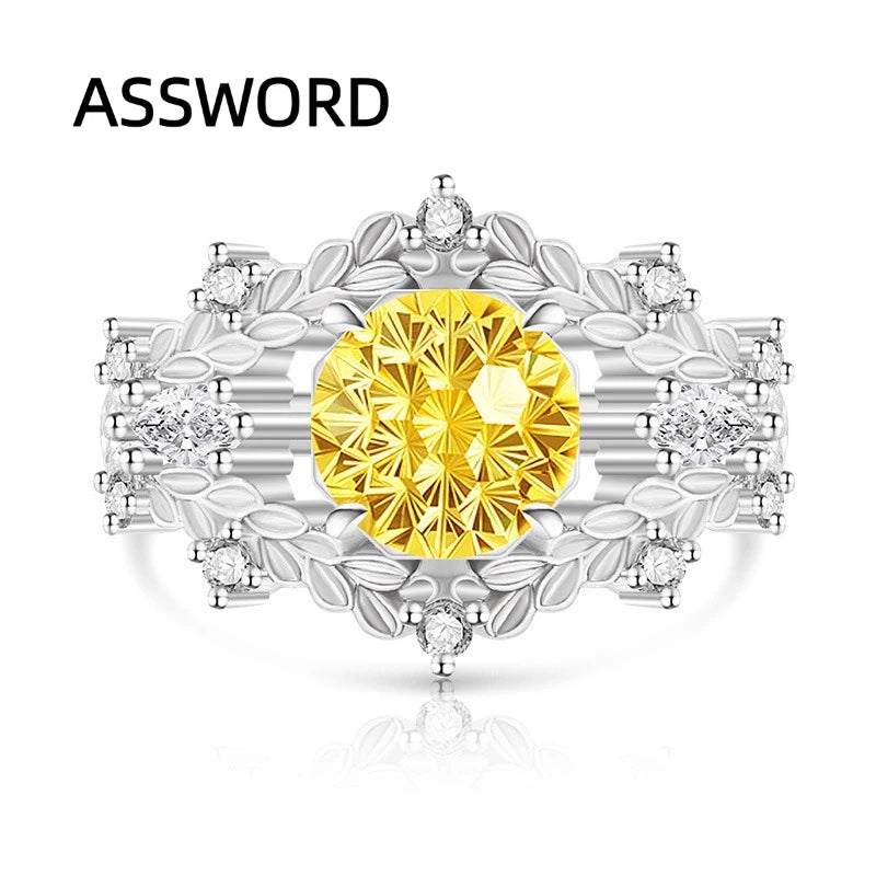 925 Sterling Silver Vintage Leaf Flower Ring Round Ice Flower Cut Cubic Zirconia Wedding Band Luxury Fine Jewelry Gift for Women