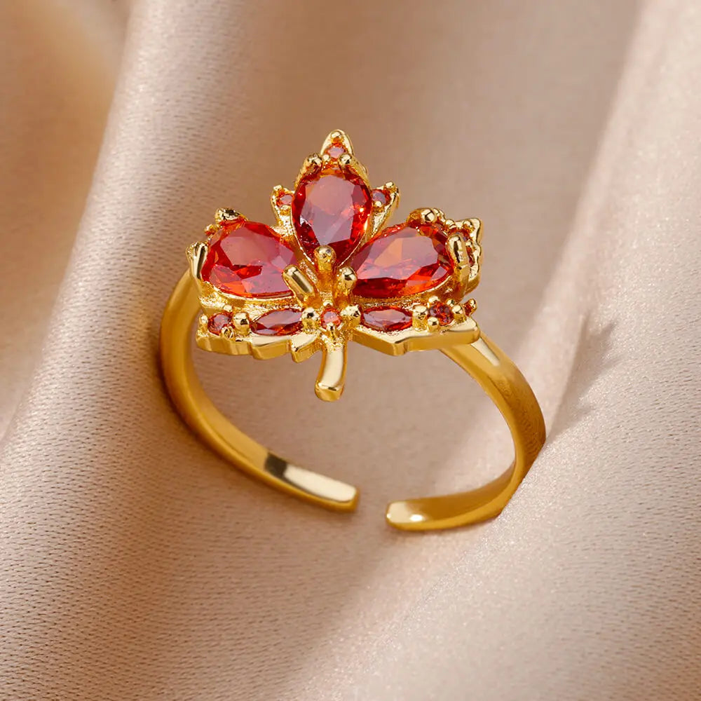 Stainless Steel Rings Gold Plated Colorful Stone Zircon Crystal Luxury Flower Ring For Women Wedding Jewelry Christmas Gift New