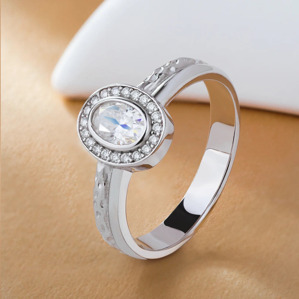 0.5CT Bezel Set Oval Cut Moissanite Halo Ring for Women Lab Diamond 925 Sterling Silver Double Row Wedding Band Jewelry With GRA