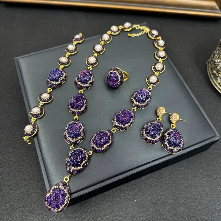Rose Flower Amethyst Carving Crystal Jewelry Set for Women Rhinestone Quartz Cutting Bangle Rings Necklace Luxury Sets for Wed