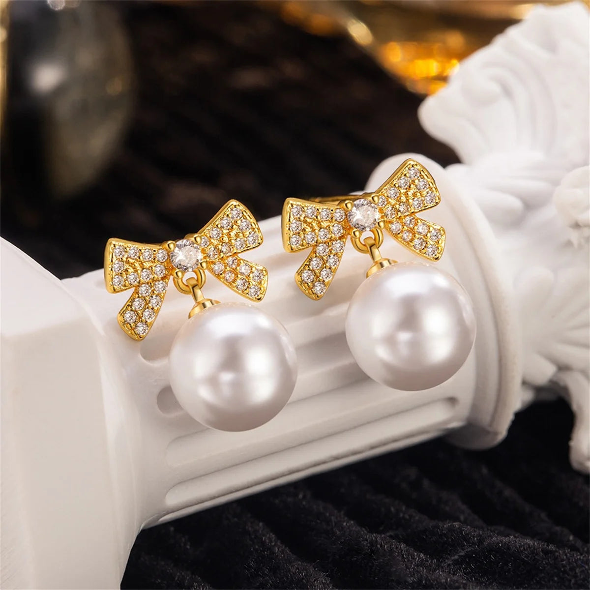 Korean Luxury Charm Female White Zircon Pearl Yellow White Bow Stud Earrings Silver Color Wedding Jewelry For Women