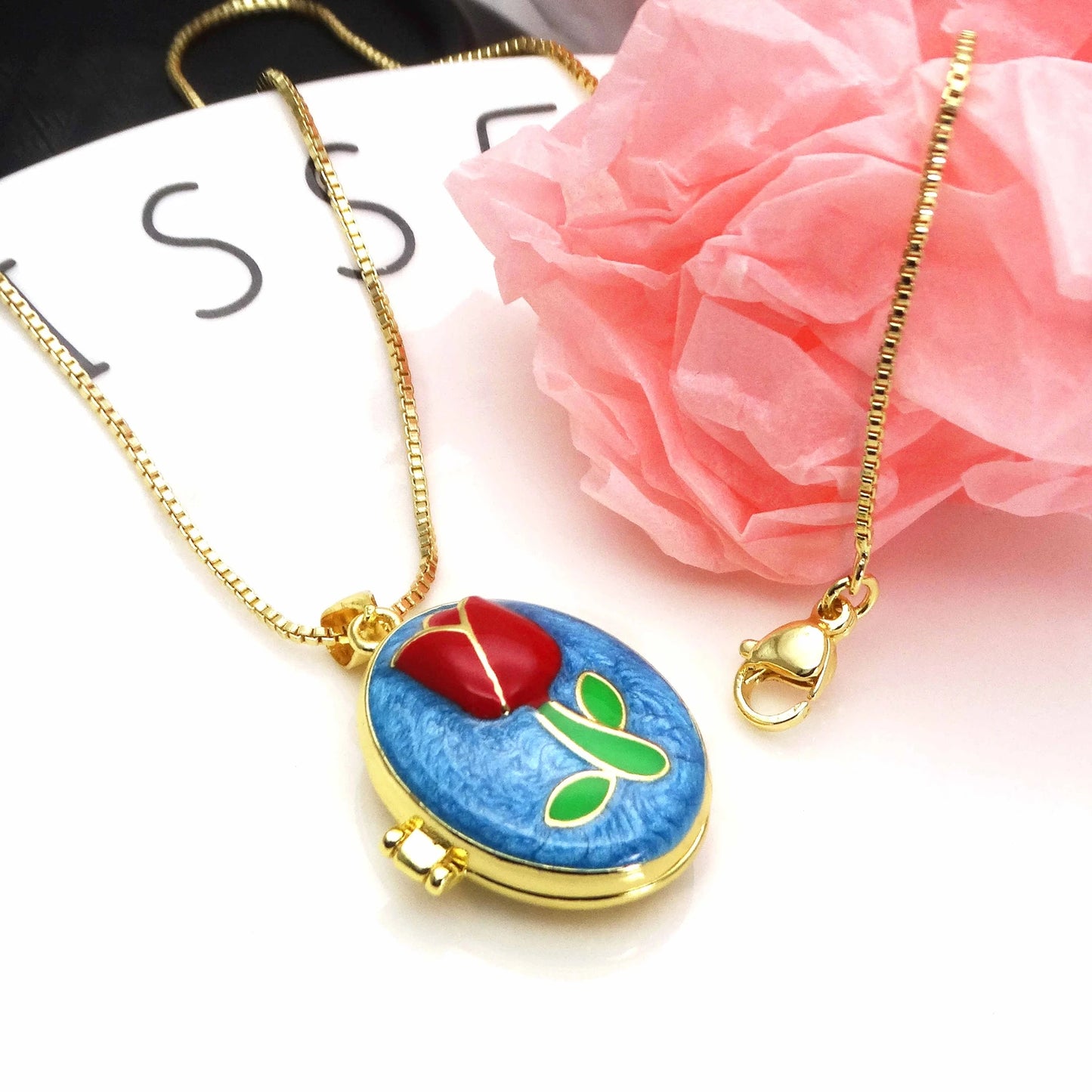 Micro Zircon oil drip photo box Pendant necklace Rose Flower pendant necklace copper chain jewelry necklace