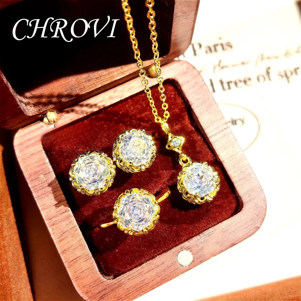 Light luxury 925 sterling silver round rose necklace with dazzling zircon stud earrings and gemstone ring set for women