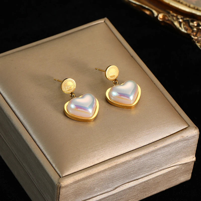 EILIECK 316L Stainless Steel Heart Pearl Love Drop Earrings For Women Girl New Non-fading Ear Jewelry Birthday Gift Party Bijoux
