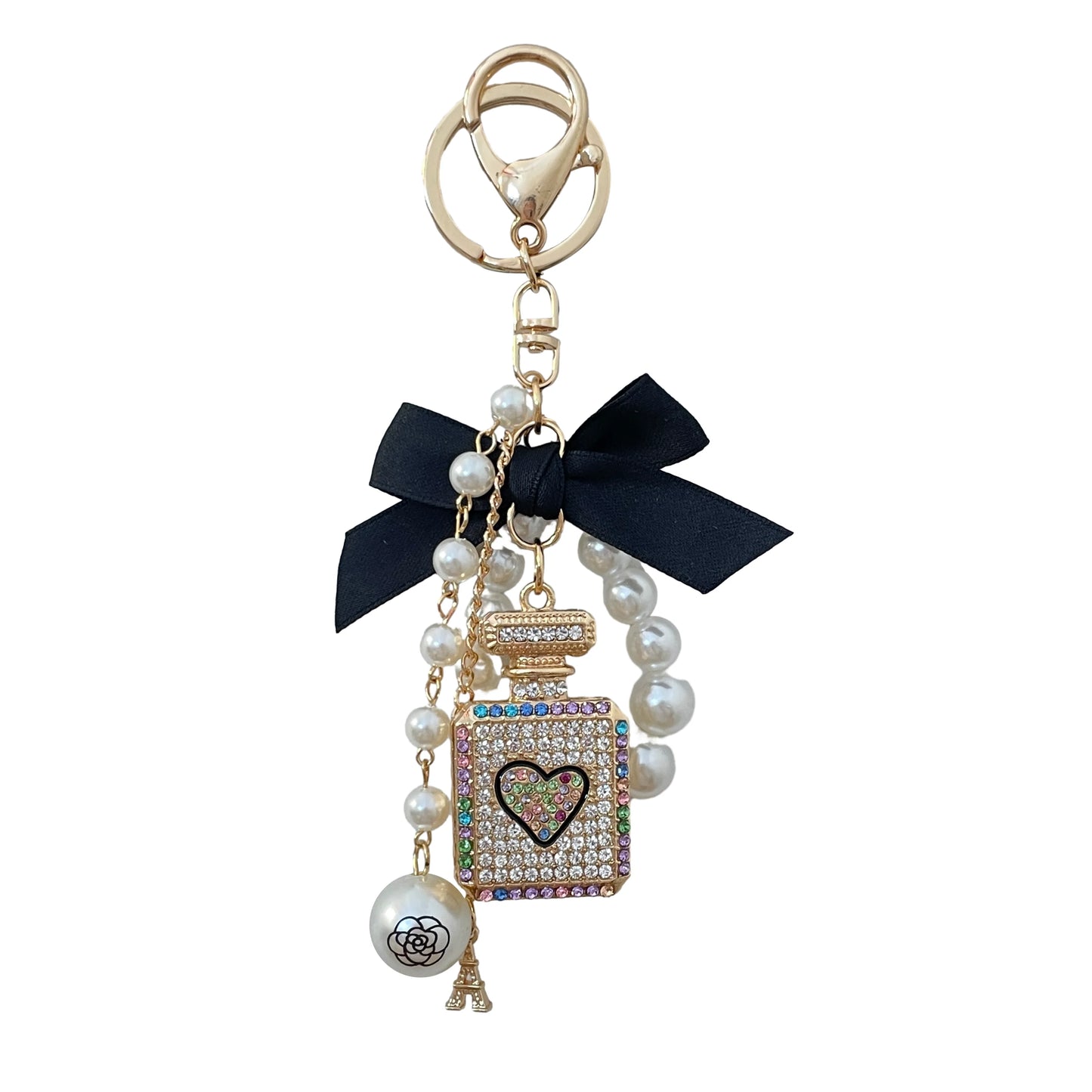 2024 New Luxury Crystal Love Perfume Bottle Keychain Pearl Bow Key Ring Eiffel Tower Women's Bag Pendant Souvenir Gift