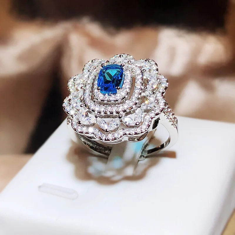 925 Silver Vintage Floral Blue Gemstone Ring Oval Sapphire Double Halo Cubic Zirconia Women Party Statement Ring