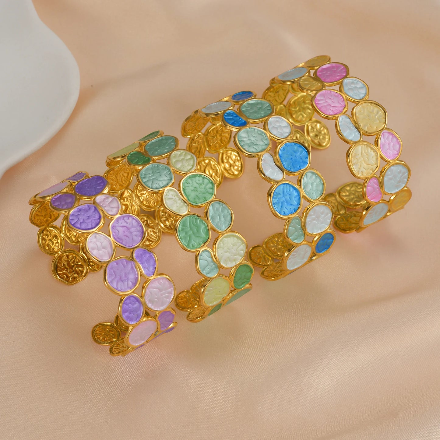 Freeteeme Fashion Stainless Steel Double Circle Link Open Bangle for Women Men Gold Color Cuff Bracelet Colorful Jewelry Gifts