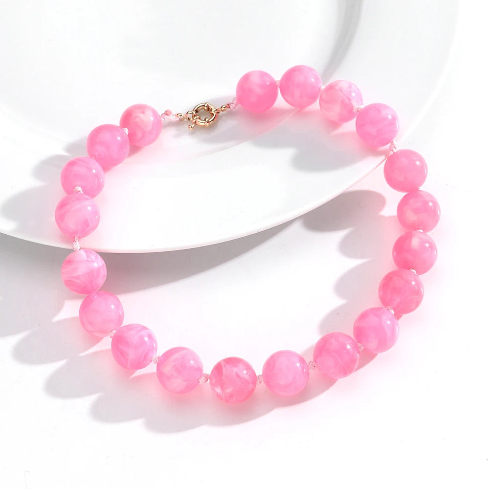 Trendy Multicolor Big Round Beads Choker Necklace for Women Acrylic Geometric Beaded Handmade Knot Necklaces Jewelry Gifts