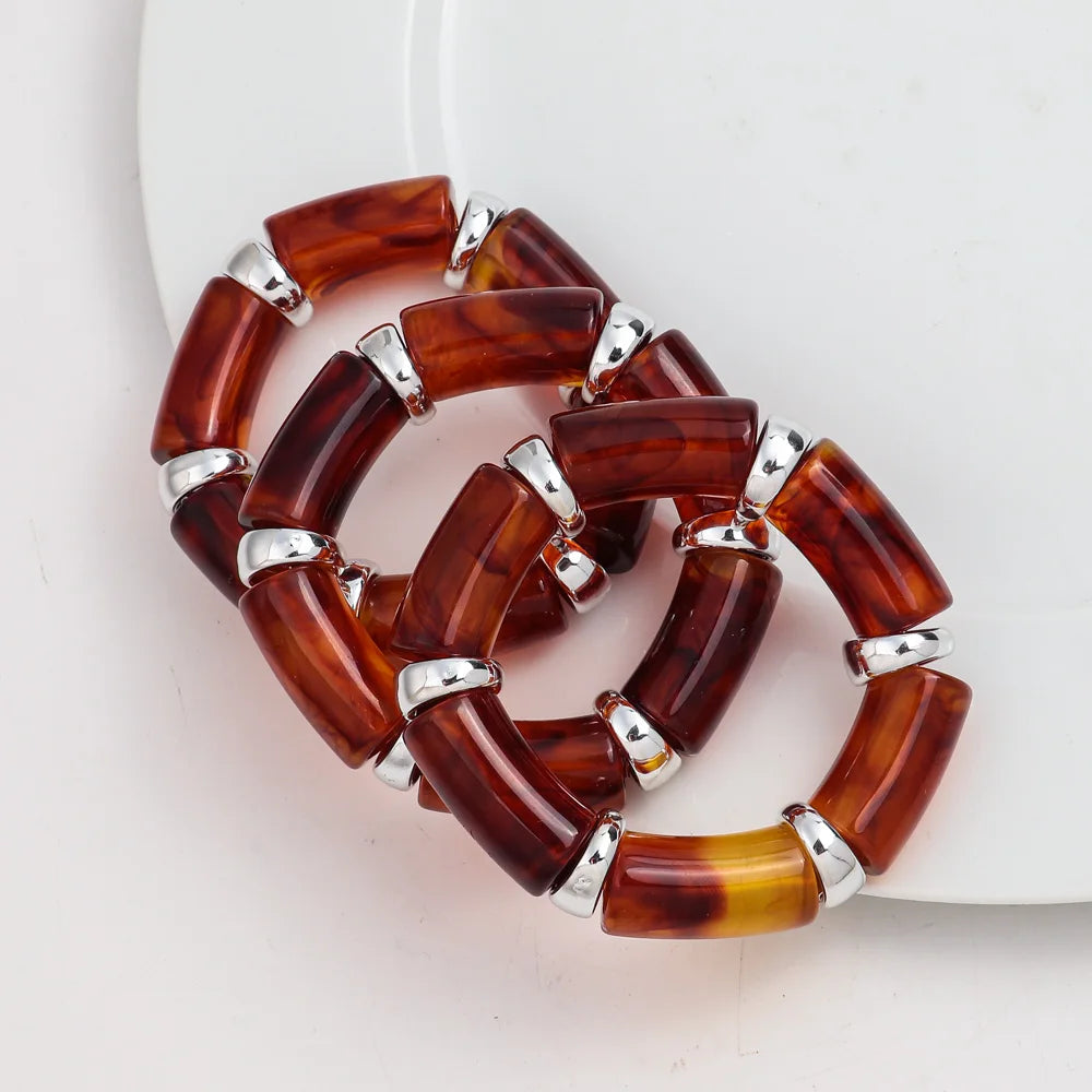 3pcs Fashion Chunky Tube Beaded Elastic Bangle Bracelets Acrylic Marbled Geometric Curved Beaded Bracelet Vintage Jewelry Gifts