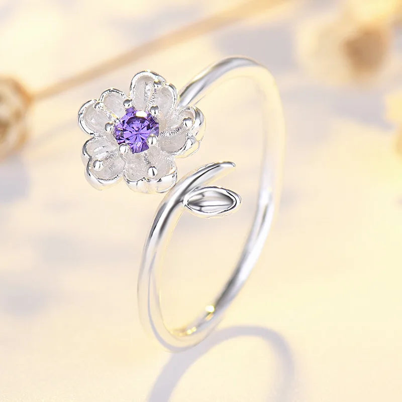 925 Sterling Silver Ring Adjustable Open Flowers Couple Engagement Rings For Women Wedding Ring Party Fashion Jewelry Gift