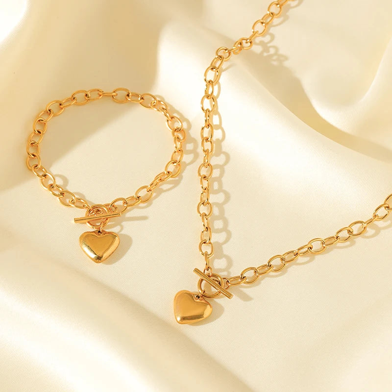 EILIECK 316L Stainless Steel Silver Color Heart Love Necklace Bracelets Set For Women Trendy OT Buckle Waterproof Jewelry Set
