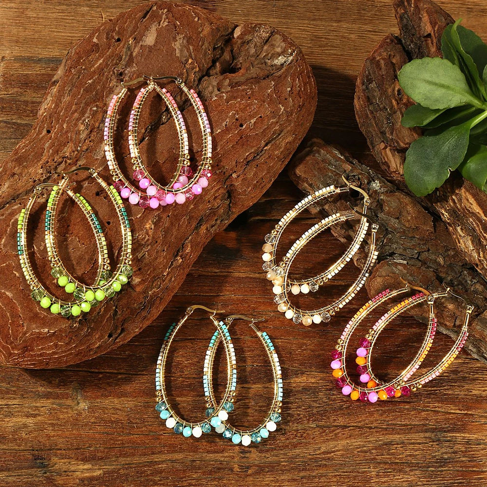 Badu Boho Colorful Woven Crystal Beads Oval Hoop Earrings for Women Stainless Steel Handmade Jewelry Bohemia Fashion Gifts