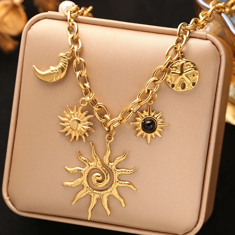 EILIECK 316L Stainless Steel Metal Gold Color Sun Moon Pendant Necklace Lady New Trendy Neck Chain Waterproof Jewelry Party Gift